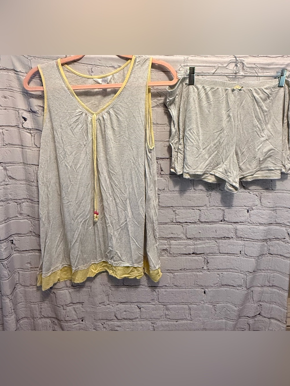 Secret Treasures Gray & Yellow Striped V-Neck Camisole PJ Top and Shorts